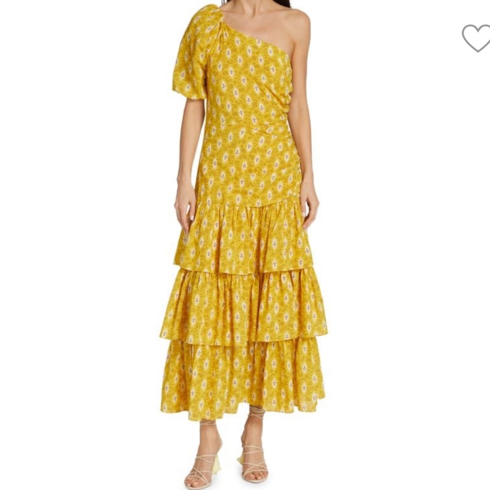 Veronica Beard Yellow Floral One-Shoulder Dress